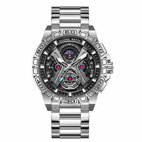 Luxury Brand Creative Big Dial Hollow Skeleton Tourbillion Winder Mechanical Watches For Men Silver