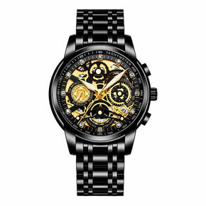 Men’s Watches Tourbillon Rotating Window Top Luxury Brand Fashion Quartz Men Watch Waterproof Gold Steel Business Wristwatch Black